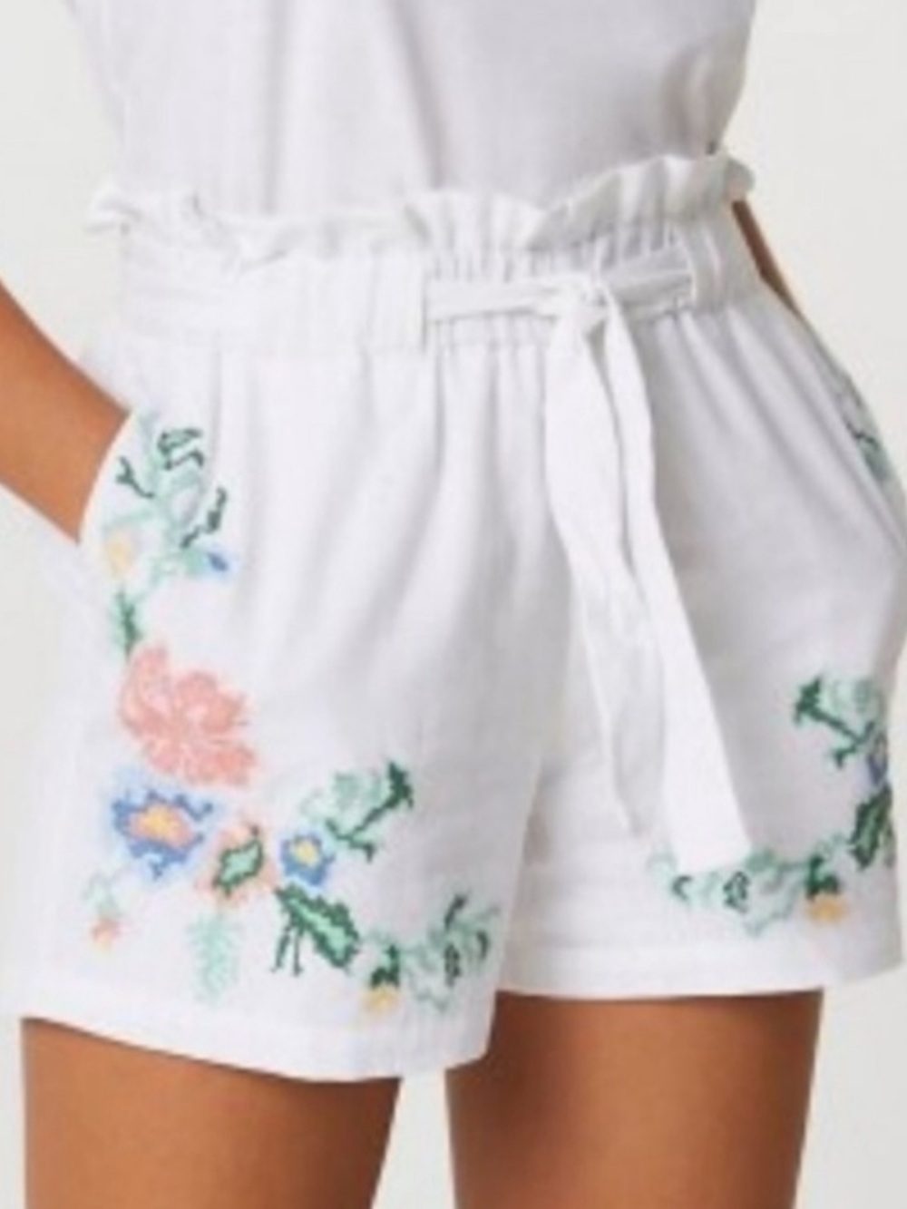 River Island NWT White High Waist Cotton Linen Blend Embroidered Shorts- Size 10 - Picture 5 of 6